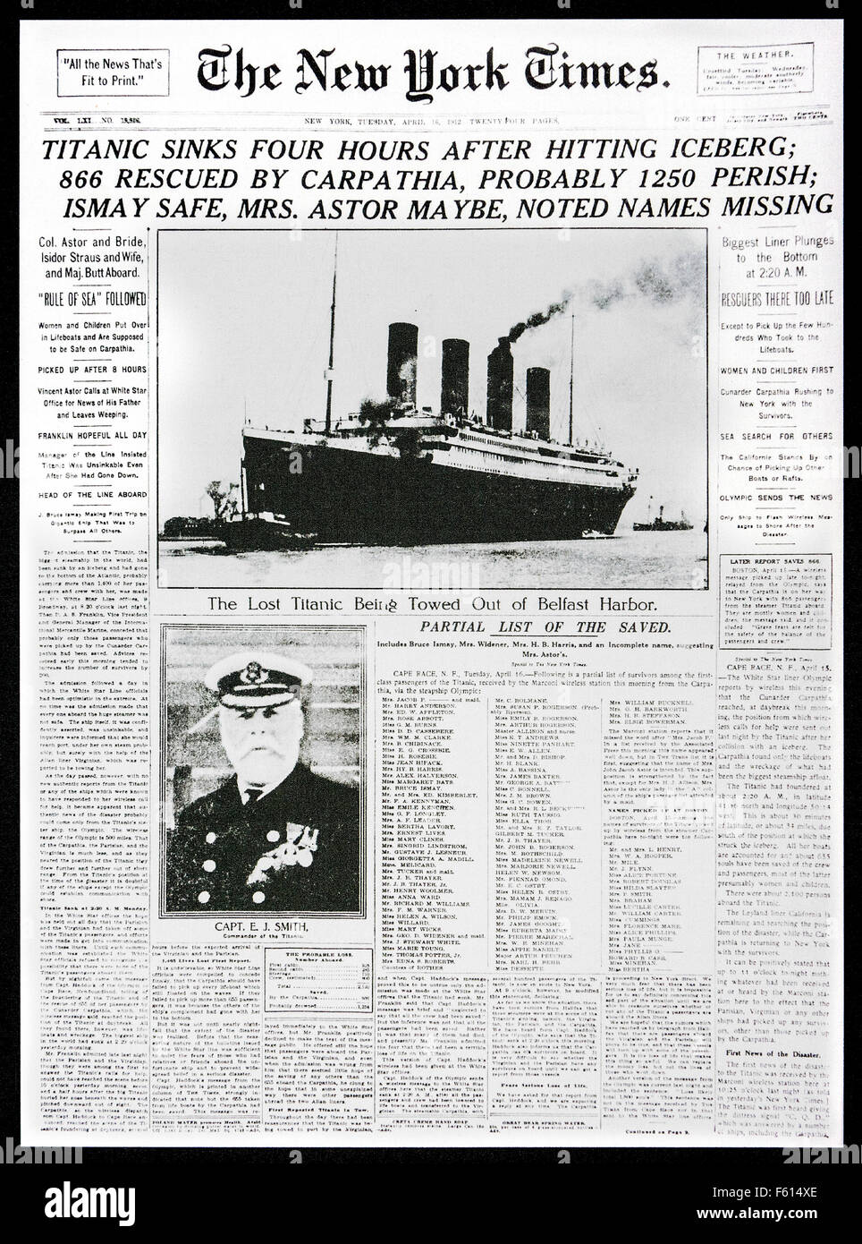 1912 front page news of The New York Times reporting the sinking of ...