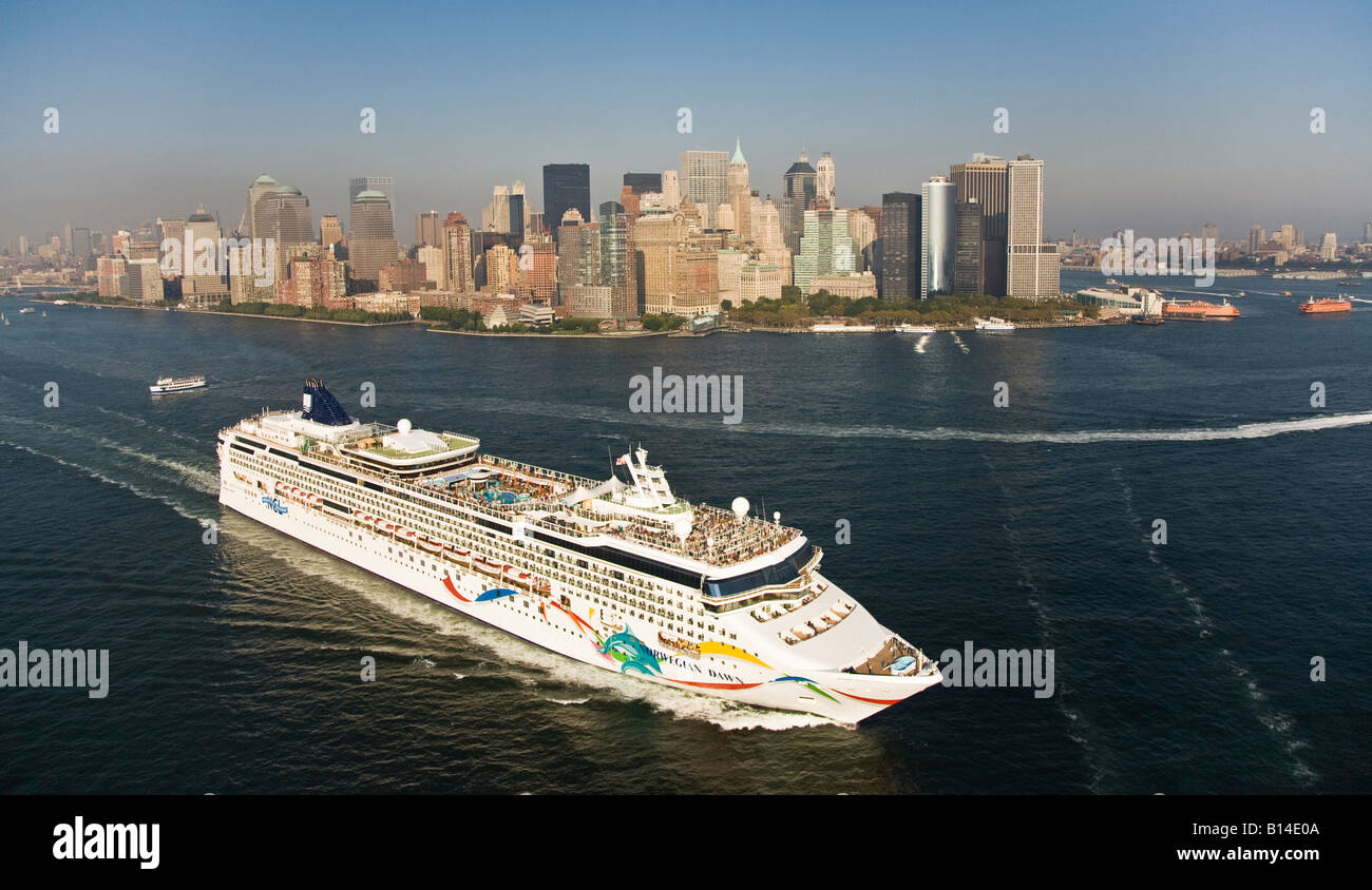 Aerial view of The cruise ship " Norwegian Dawn"  leaving New York Stock ...