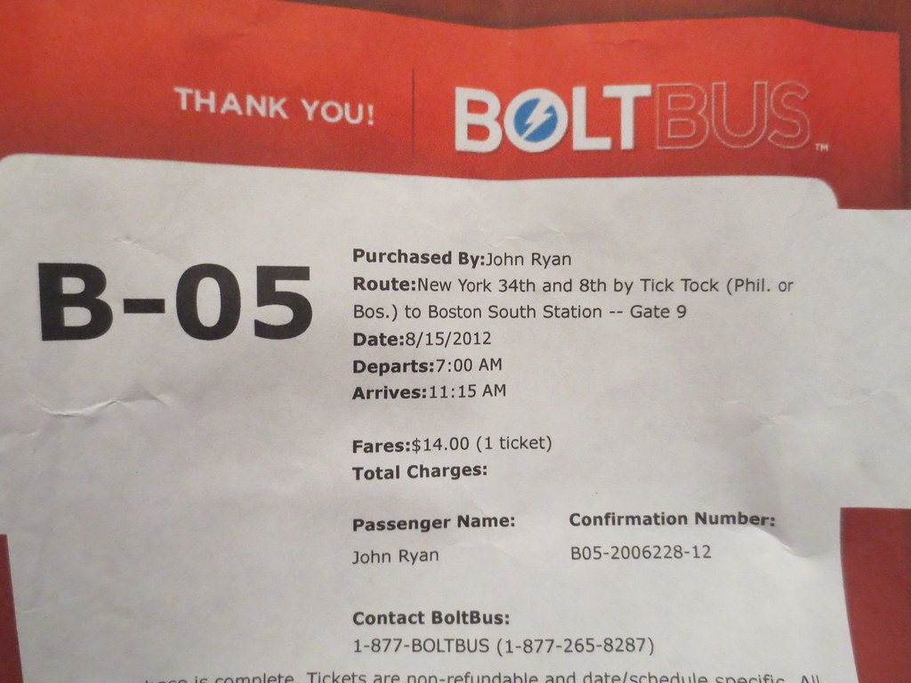 Bolt Bus New York City to Boston ticket
