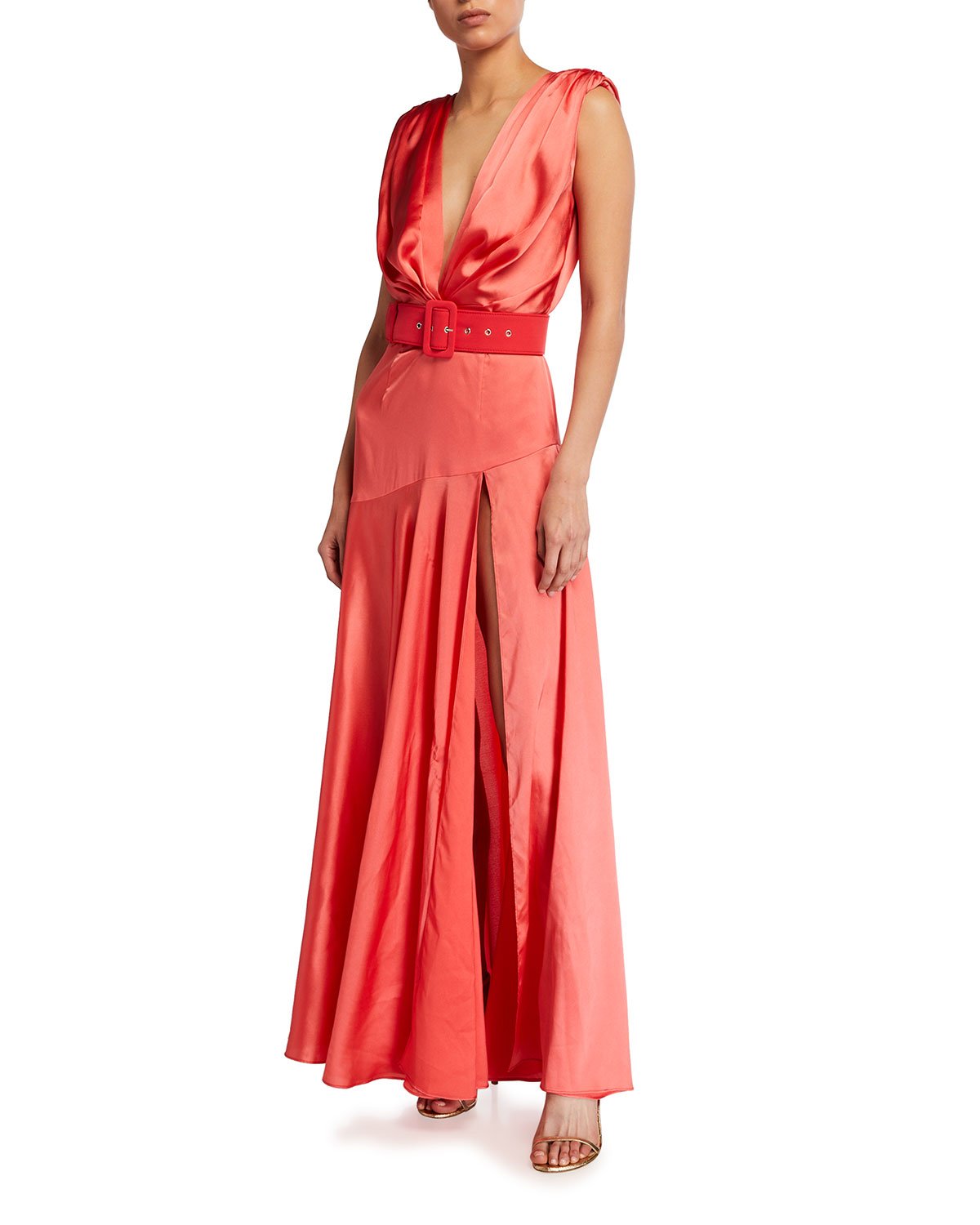 Bronx and Banco Carmen Belted Satin Maxi Gown