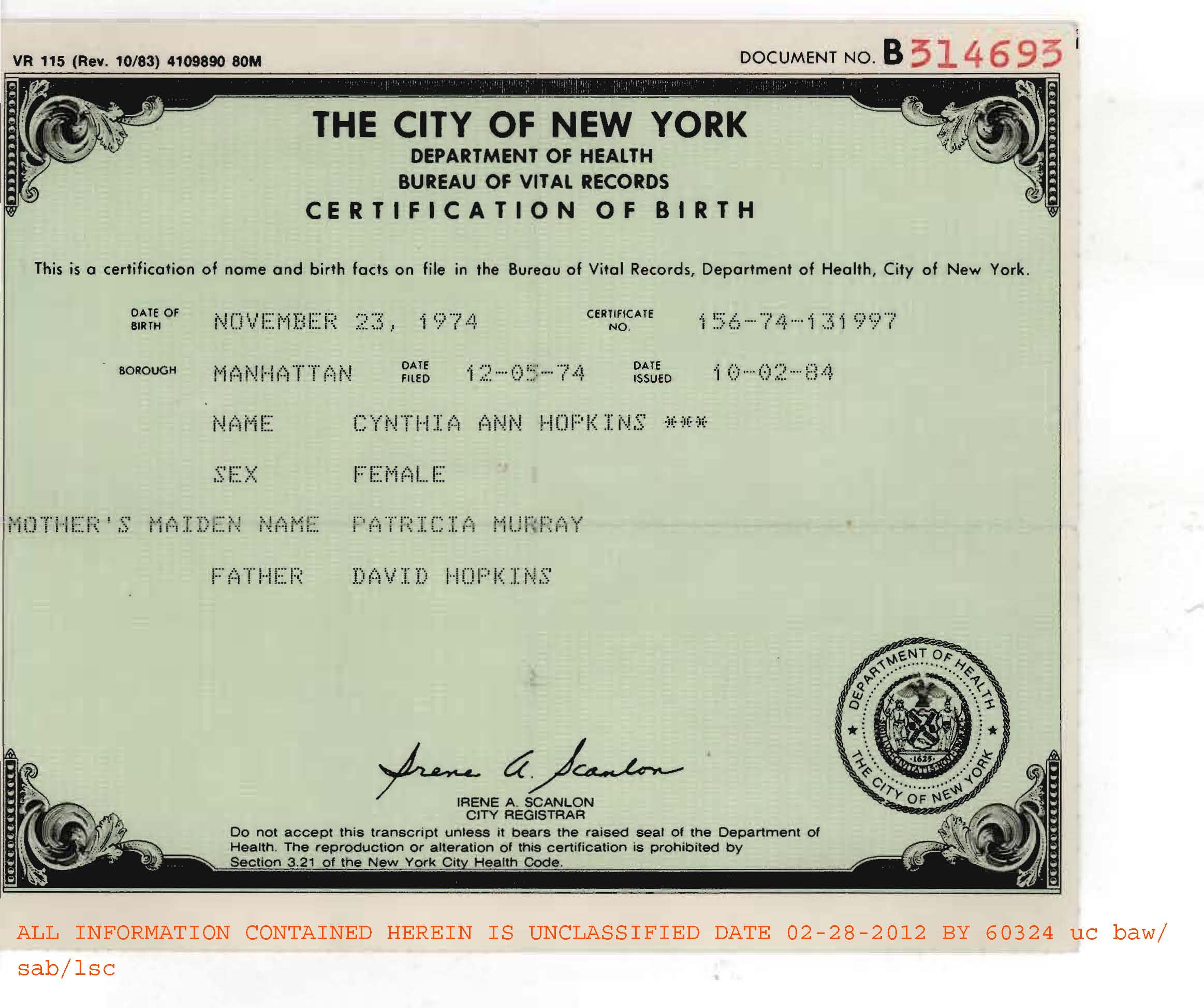 FBI â Fraudulent Birth Certificate of Cynthia Ann Hopkins