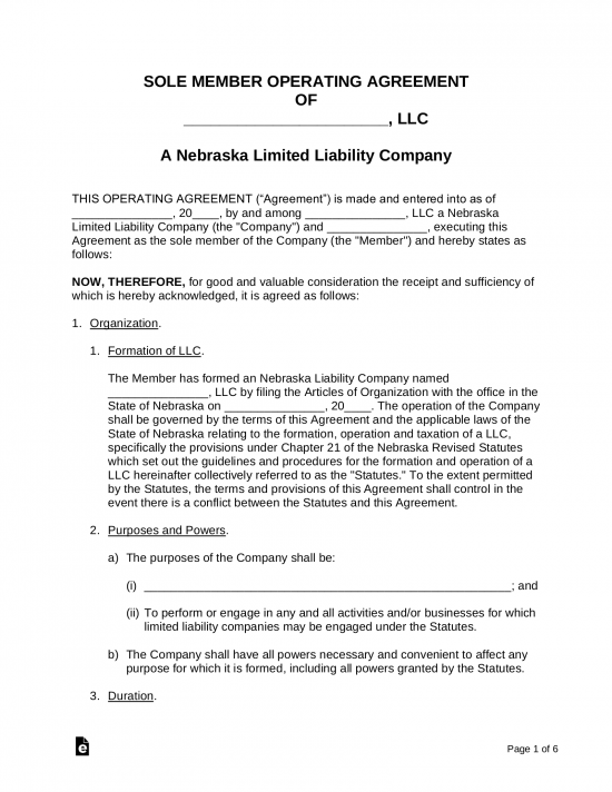 Free Nebraska Single Member LLC Operating Agreement Form ...