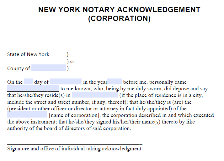 Free New York Notary Acknowledgement  Corporation