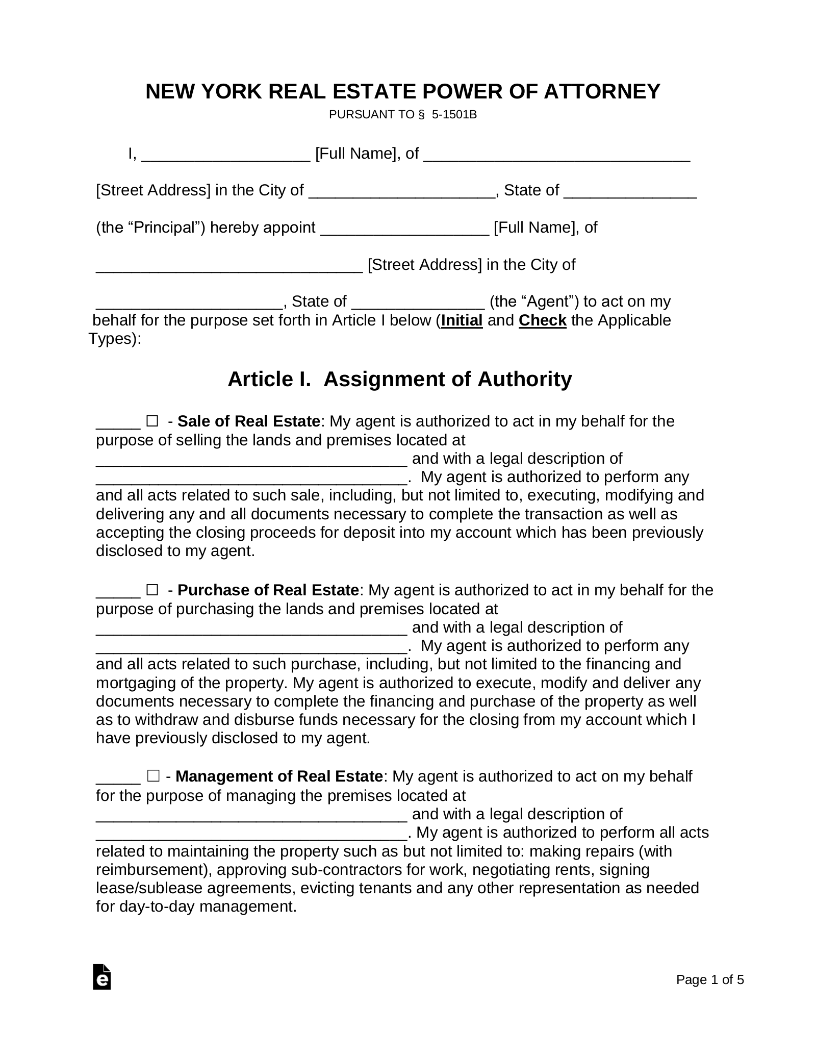 Free New York Real Estate Power of Attorney Form