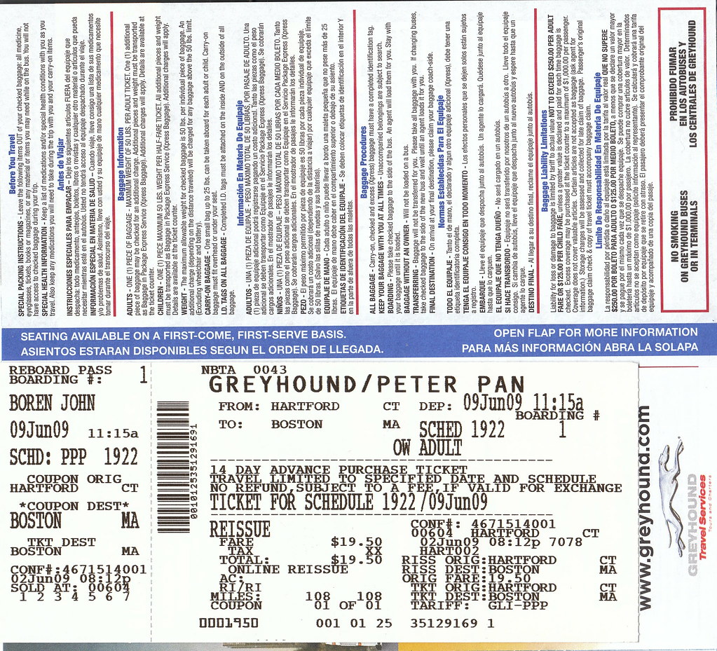 Greyhound/Peter Pan Bus Ticket