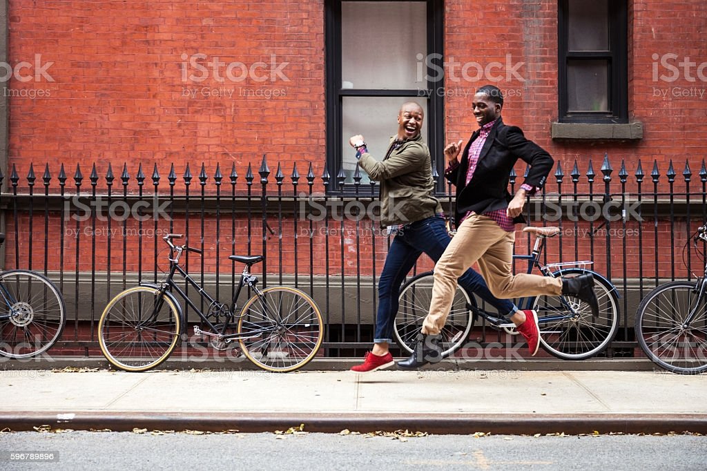 Men Couple Having Fun In New York Stock Photo