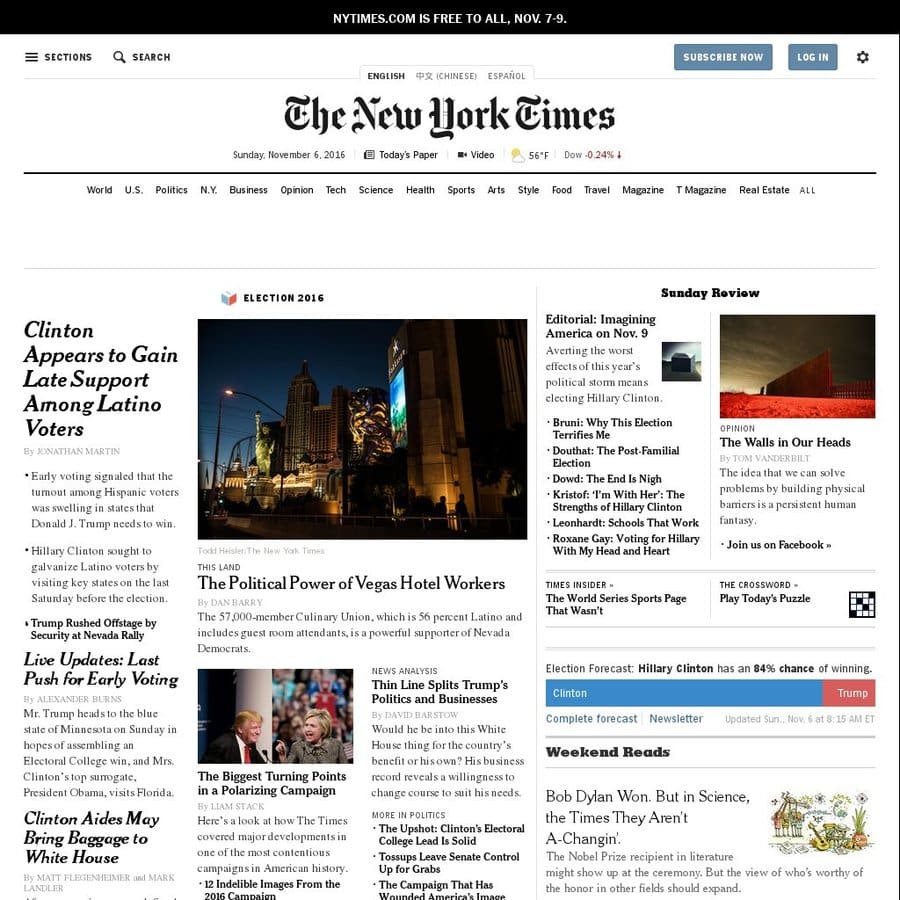 New York Times Free Online Access Nov. 7