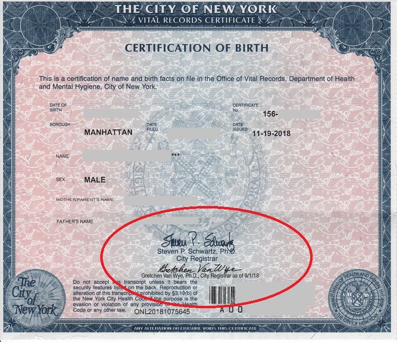 NYC birth certificate with two signatures: Steven P Schwartz and ...