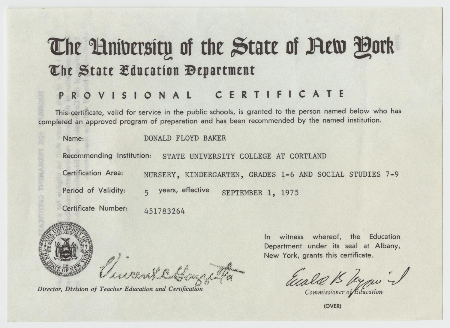 [Provisional Certificate of Education for Don Baker from The University ...