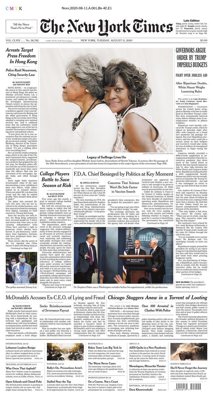 The Aug 11, 2020 front page of the New York Times features ...